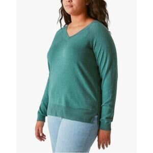 Lucky Brand XXL Womens Sweater V-Neck Side Slit Sea Pine Green Lightweight